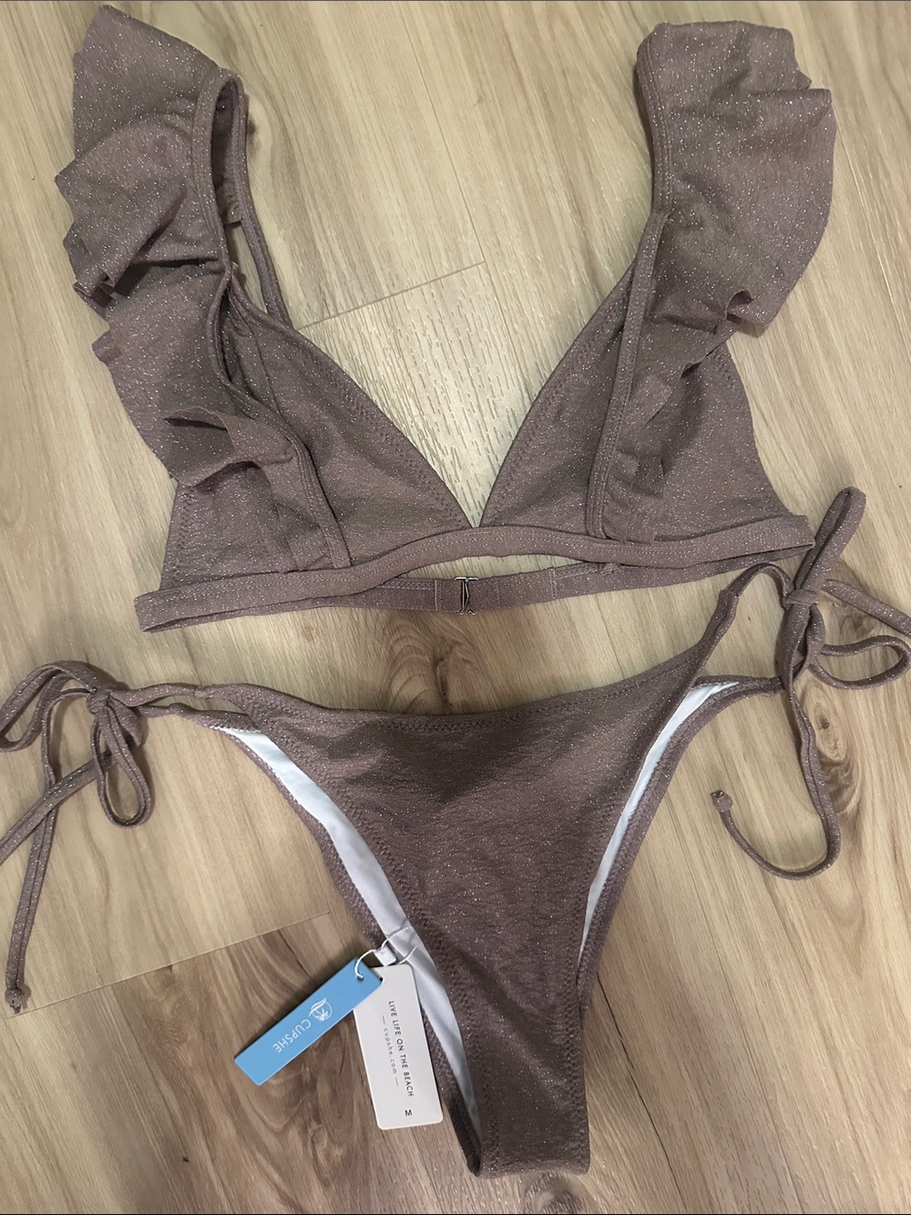 CUPSHE Ruffle Strap Sparkle Bikini Set in Mauve Brown size M very cheeky nwt